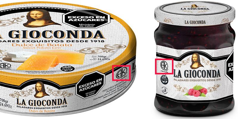 Muestra de la certificación Kosher Parve en la lata de dulce de batata y en el frasco del dulce de frambuesa La Gioconda