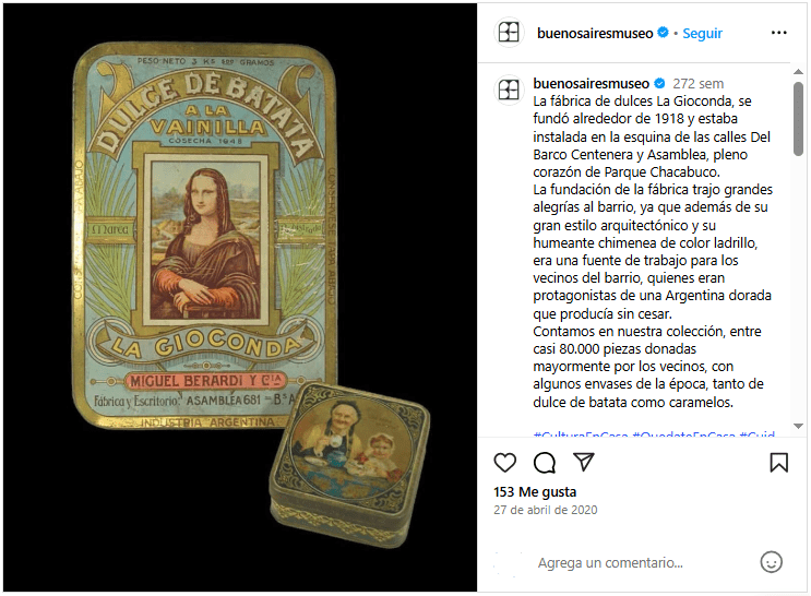 Posteo de Instagram de la cuenta @buenosairesmuseo en donde se ve un envase antiguo de dulce de batata de La Gioconda